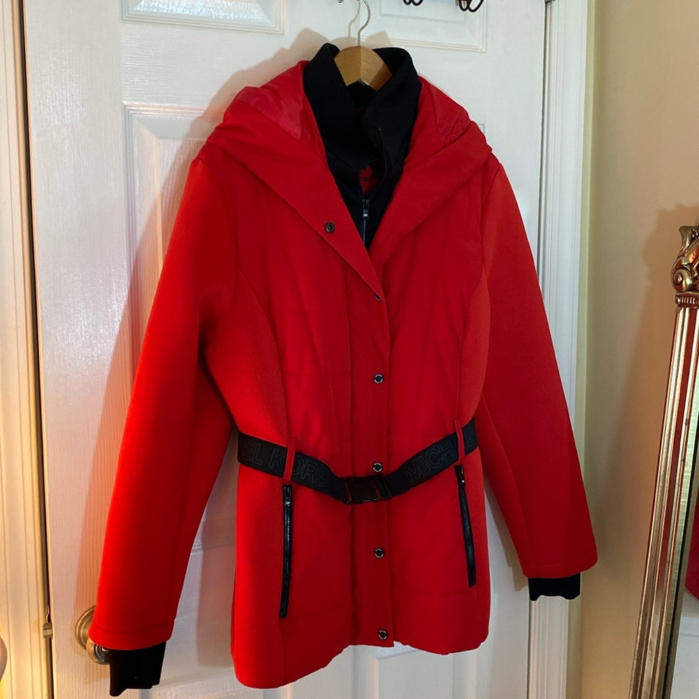 🔥 Michael Kors XL Red 🔥 Belted Winter Coat Jacket Hood - Picture 2 of 16